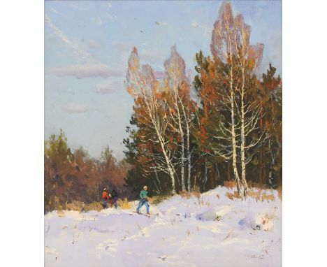 Viktor Koshevoi (Ukrainian, 1924-2006)'Winter Skiing' signed and dated 'VSK/19.XI.85' l.r., oil on board49 x 45cmCondition Re