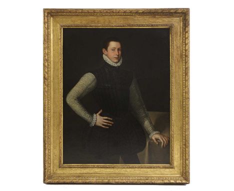 Circle of Giovanni Battista Moroni (Italian, 1520-1578)Portrait of a young nobleman, standing three-quarter-length, in a blac