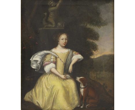 Follower of Caspar Netscher Portrait of a young lady, three-quarter-length seated, in a yellow dress, a dog at her feet, bene