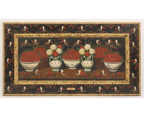 ▴ Studio of Miguel Canals (Spanish, 1925-1995)Bowls of cherries, birds and flowerssigned with monogram l.r., oil on canvas70 