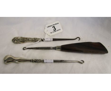 3 hallmarked button hooks, 1 to include shoe horn
