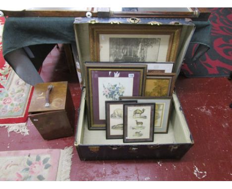 Travel trunk with a collection of framed pictures & microscope box