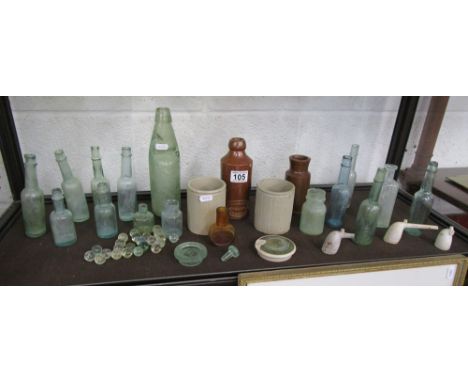 Shelf of vintage glass & ceramic bottles etc