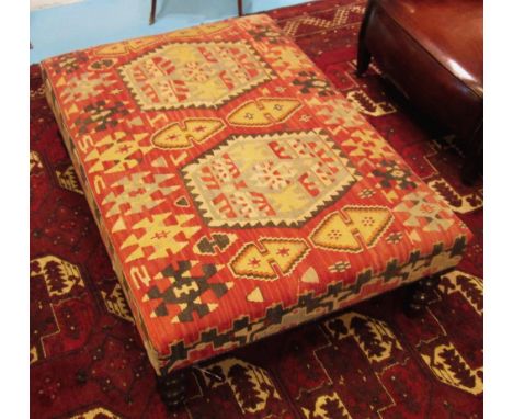 KILIM STOOL, traditional rectangular kilim upholstered with turned supports, 103cm x 73cm x 36cm H. 