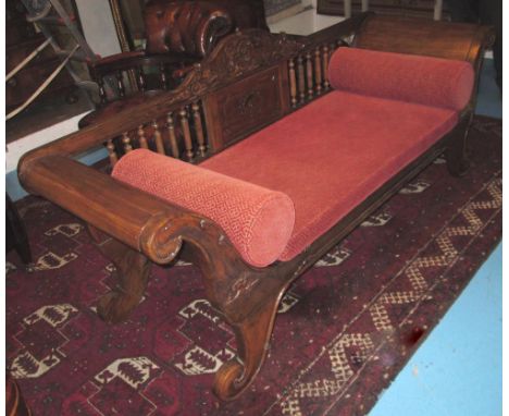 SOFA, Balinese teak with carved detail and pink chenille patterned cushions, 85cm D x 204cm W x 87cm H. 