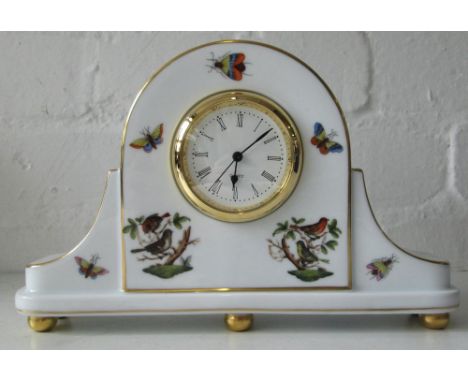 HEREND MANTLE CLOCK, hand painted with butterflies and birds, quartz movement, 23cm x 15cm H with original box.