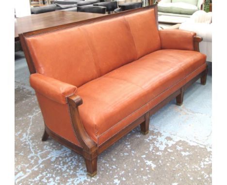 SOFA, contemporary hardwood in close nailed brown leather, 218cm W. 