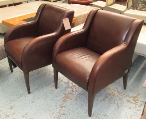 FENDI ARMCHAIRS, a pair, of brown leather, bear Fendi plaque, 62cm W x 74cm D x 84cm H. (2) (with faults)