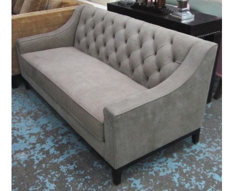 SOFA, two seater, in neutral suede with buttoned back on square ebonised supports, 173cm L. 