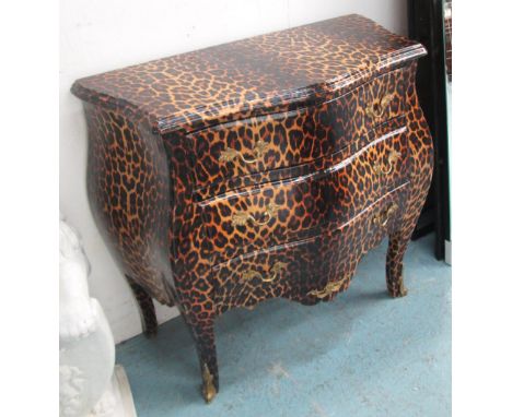 COMMODE, Continental style, leopard print effect with a serpentine shaped top and three drawers below, 81.5cm W x 81.5cm H x 