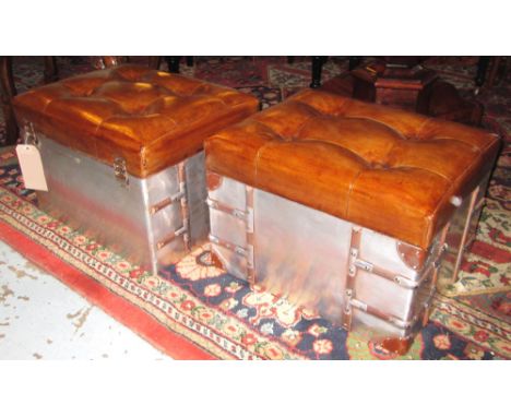 AVIATOR STYLE TRUNKS, a pair, aluminium and slatted with deep button rising lid, 50cm x 40cm x 35cm H. (2)