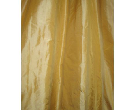 CURTAINS, gold silken fabric with subtle stripe, one pair 100cm gathered x 295cm drop, one 150cm gathered by 314cm drop, one 