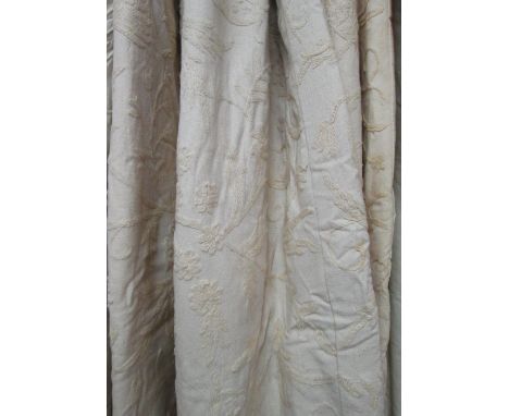 CURTAINS, a pair, foliate patterned cream fabric, 158cm W x 254cm drop, and another matching, 140cm W x 207cm drop. (3)