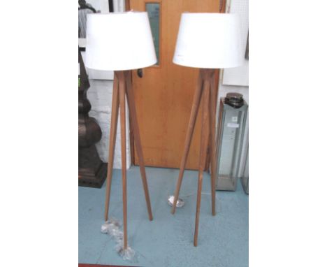 STANDARD LAMPS, a pair, wooden tripod support with shades, 169cm H. (2)