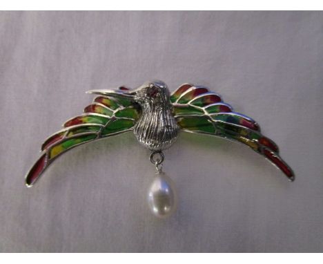 Silver &amp; champlevé enamel bid brooch
