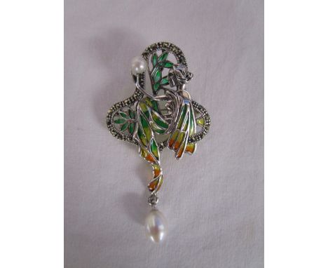 Silver &amp; champlevé enamel stone set Art Nouveau style brooch