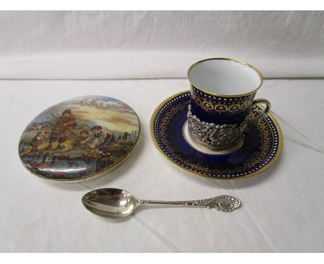 Prattware pot lid, silver mounted Spode coffee can, saucer &amp; silver teaspoon