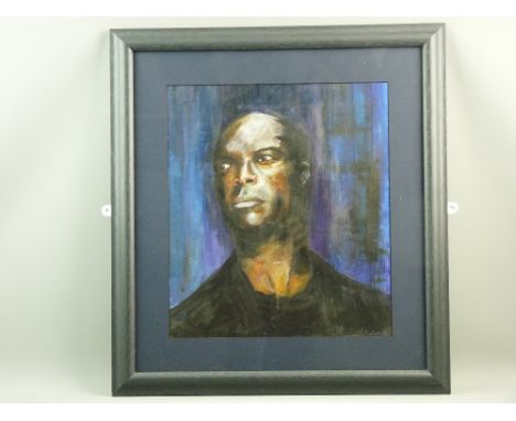 ANN CHADWICK mixed media - a powerful head and shoulders portrait of the musician Seal, signed, 43 x 38 cms