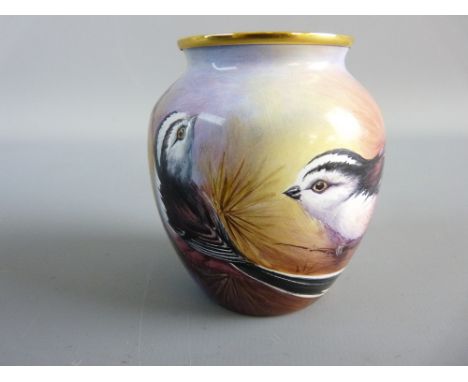 A MOORCROFT ENAMEL SMALL BALUSTER VASE depicting an all round scene of Long Tailed Tits and also a study within of a Long Tai