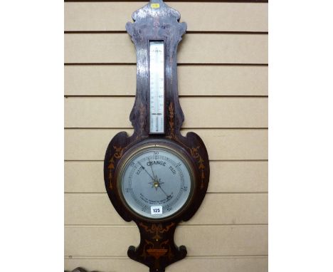 A VICTORIAN INLAID ROSEWOOD BANJO BAROMETER with thermometer, 84 x 31 cms