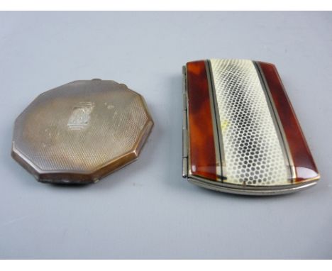A LADY'S SILVER COMPACT and non-silver cigarette case, engine turned decoration with monogram, hallmarked Birmingham 1945 and