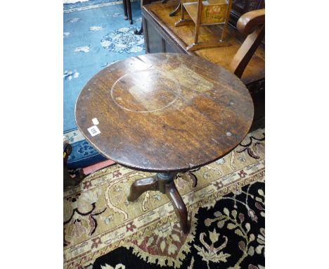 AN ANTIQUE OAK TRIPOD TABLE with 50 cms diameter top and a nest of three oak barley twist side tables with piecrust edge