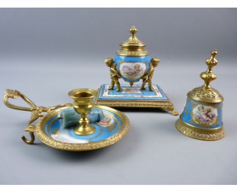 A 19th CENTURY SEVRES STYLE DESK SET, gilt metal mounted porcelain with cherubic and floral decoration comprising lidded ink 