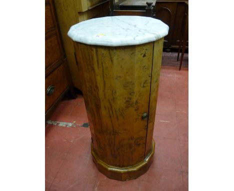 A VICTORIAN BURR WALNUT MARBLE TOPPED POT CUPBOARD with segmented single door cabinet with shelf interior, the base and the m