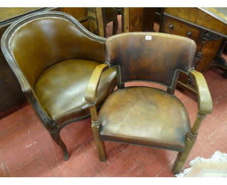 TWO VINTAGE CLUB TYPE ARMCHAIRS in hide/leather effect upholstery with brass button finishing, 53 and 45 cms seat widths