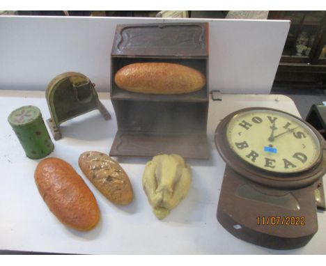 A Victorian dial wall clock advertising Hovis Bread maker's label fpr C W S Ltd Clock Case Factory; a Victorian tole ware bre