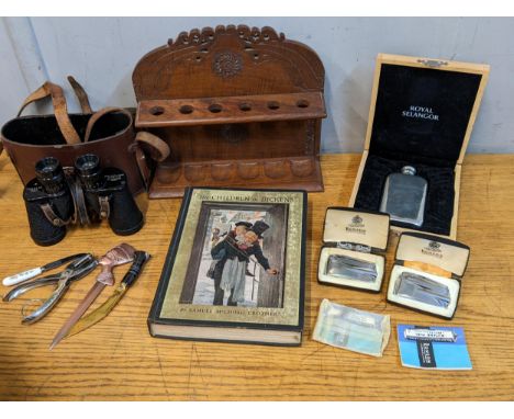 Collectables to include two Ronson lighters World War II binoculars Canada 6x30 military, a pipe rack and other itemsLocation
