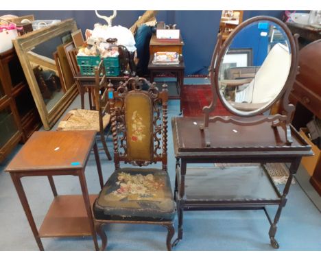 Small furniture comprising an early 20th century mahogany, two tier occasional table, a dressing table swing mirror, a 1940s 