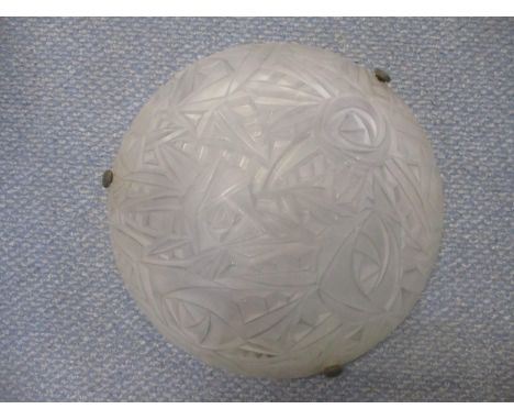 A French Art Deco frosted and pressed glass pendant ceiling light, probably by Jean Noverdy, circa 1930, the design of styliz