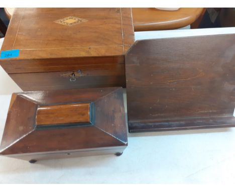 A Victorian writing slope, a 19th century rosewood tea caddy and a mid 20th century treen book standLocation:A1B 