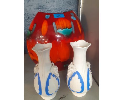 A Poole Pottery Volcano Purse vase 27cm h, and a pair of Parian ware vases 