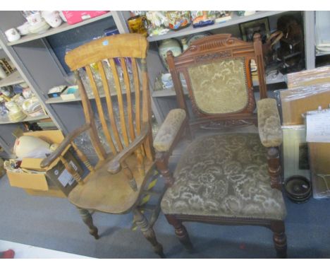 A Windsor high back slat back armchair om ring turned legs united by a double H-stretcher; and a Victorian carved walnut and 