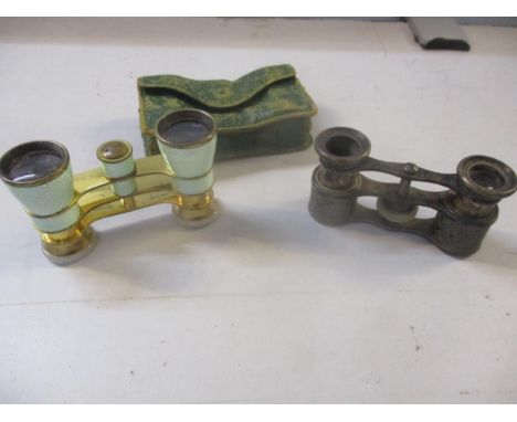 Emil Busch, Berlin DRGM light green guilloche enamelled opera glasses with mother of pearl eye pieces, marked AZM 4911/61,5, 
