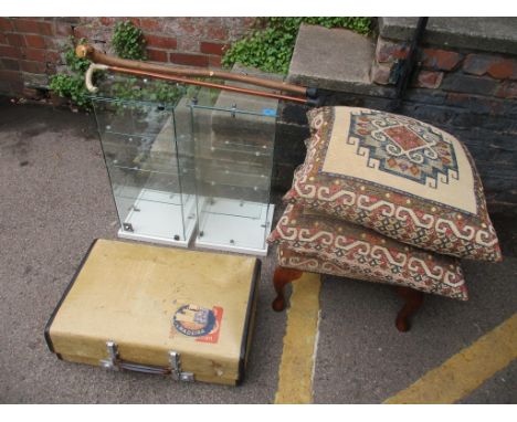Mixed furniture to include a tapestry topped stool, suitcase, two glazed cabinets and two sticksLocation: 