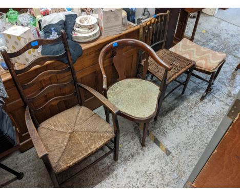 Chairs to include an Edwardian string inlaid mahogany example, a ladder back, a part painted chair and a stoolLocation: 