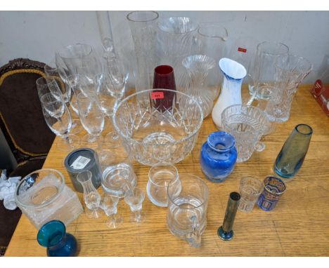 Glassware to include a blue and white vase signed R Lang, a set of Champagne flutes, vase, Royal Brierley and other itemsLoca