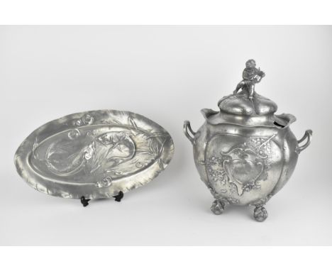 An Art Nouveau Kayserzinn (1862-1925) pewter lidded punch bowl, the lobbed body with heart shaped cartouche to the front and 