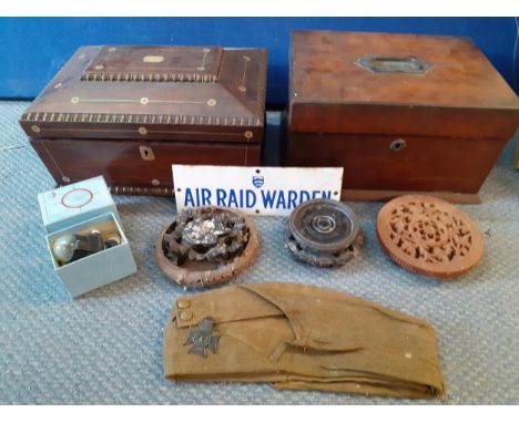 Two late 20th century jewellery boxes A/F, treen stands, a Monte Carlo Car compass, an enamelled Air Raid Warden door sign an