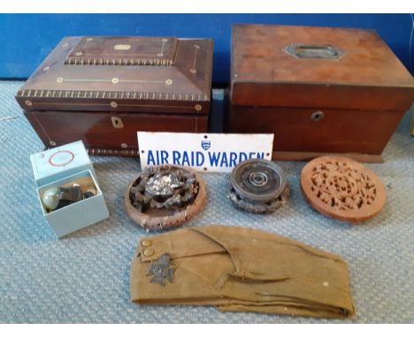 Two late 20th century jewellery boxes A/F, treen stands, a Monte Carlo Car compass, an enamelled Air Raid Warden door sign an