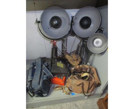 A mixed lot of vintage film cameras and studio lighting equipment to include a boxed Bondinax 351 camera, cased Pentax Asahi 