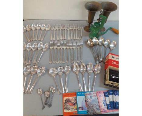 Roberts &amp; Belx silver plated cutlery and flatware, together with a vintage grinder, a pair of Eastern brass vases, a smal