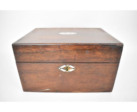 A Victorian mother-of-pearl inlaid rosewood jewellery box, of rectangular form, the hinged lid opening to reveal a cushioned 