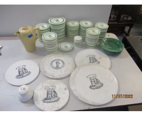 Kitchenalia to include eight Maling Evergreen ceramic storage jars for Rice, Sugar, Demerara Sugar, Sultanas, Lump Sugar, Rai