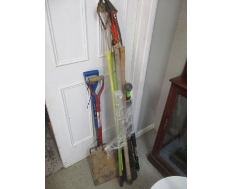 Garden tools to include a spade, a fork, a long pruner and hoesLocation: 
