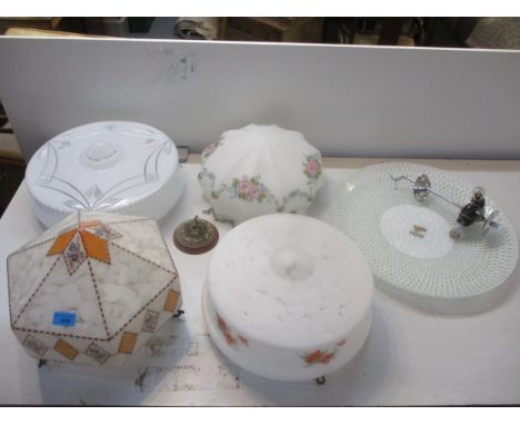 A group of 1930's and later glass ceiling light shades, two with chains and rosesLocation: A1B 