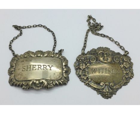 Two silver decanter labels